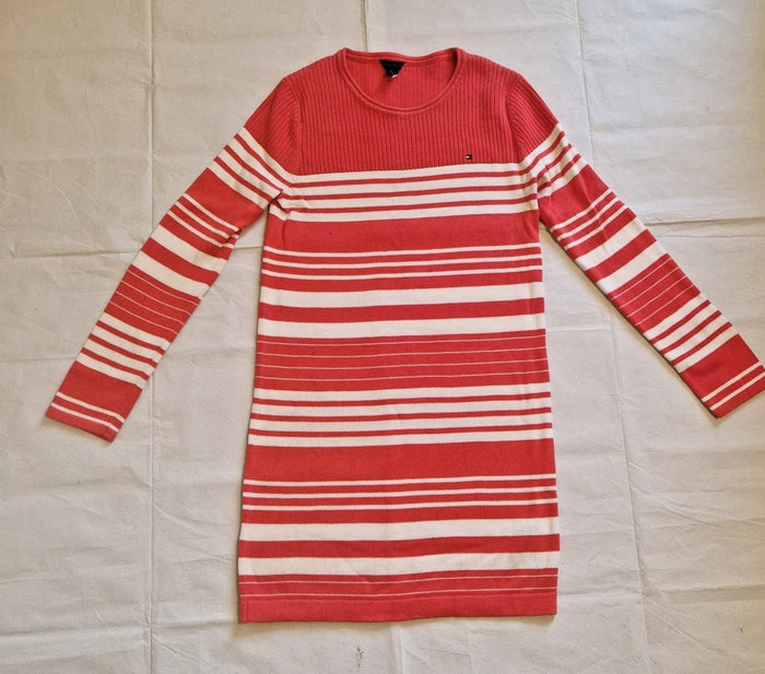 Tommy Hilfiger women's red and white striped long-sleeve knitted jumper dress.