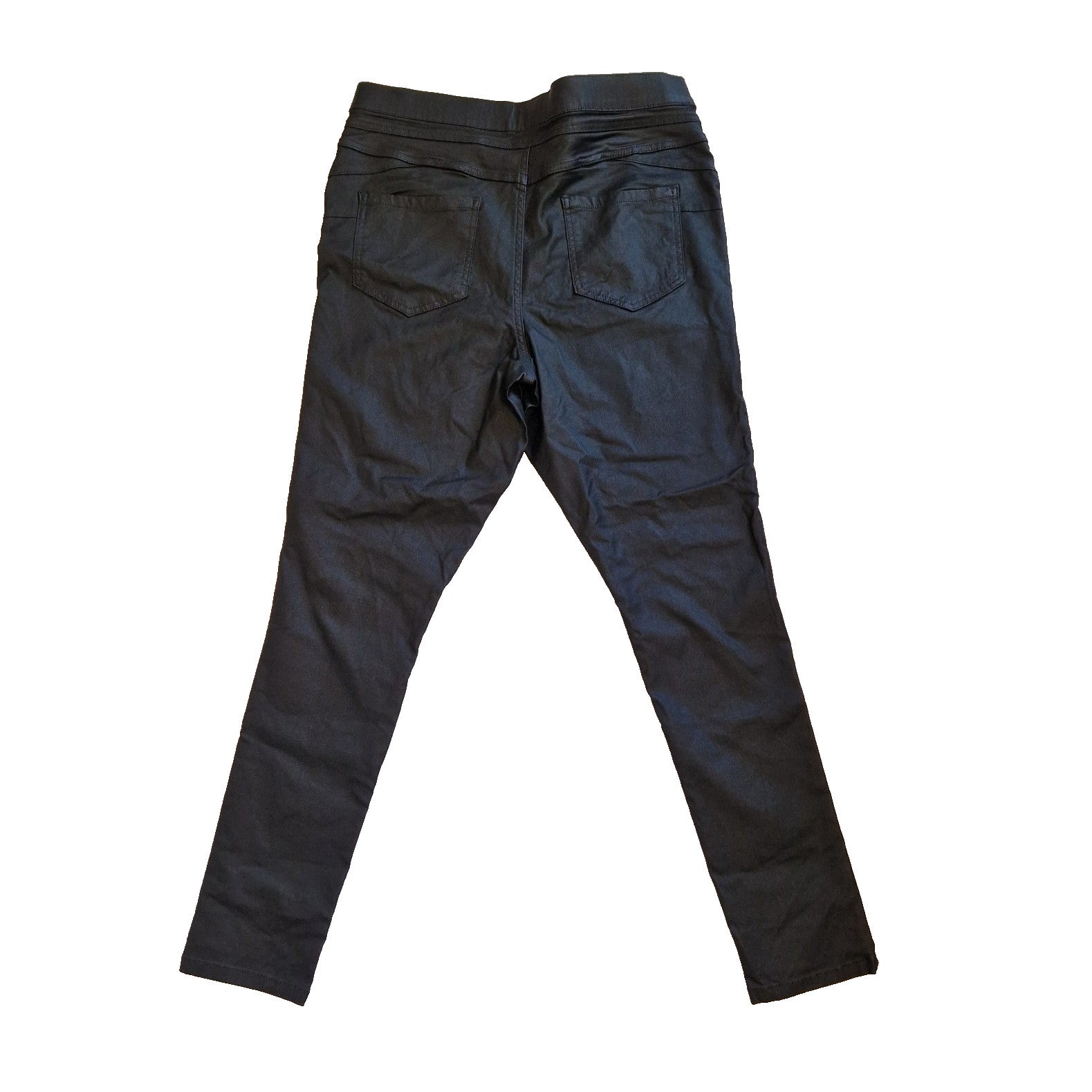 F&F black high-rise straight leg satin trousers with an elastic waistband.