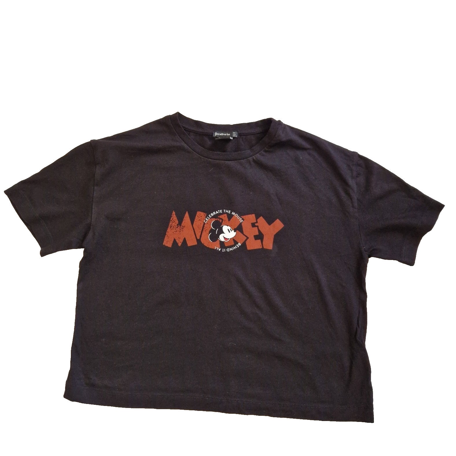 A black cotton short-sleeved t-shirt featuring a distressed Mickey Mouse graphic on the front.
