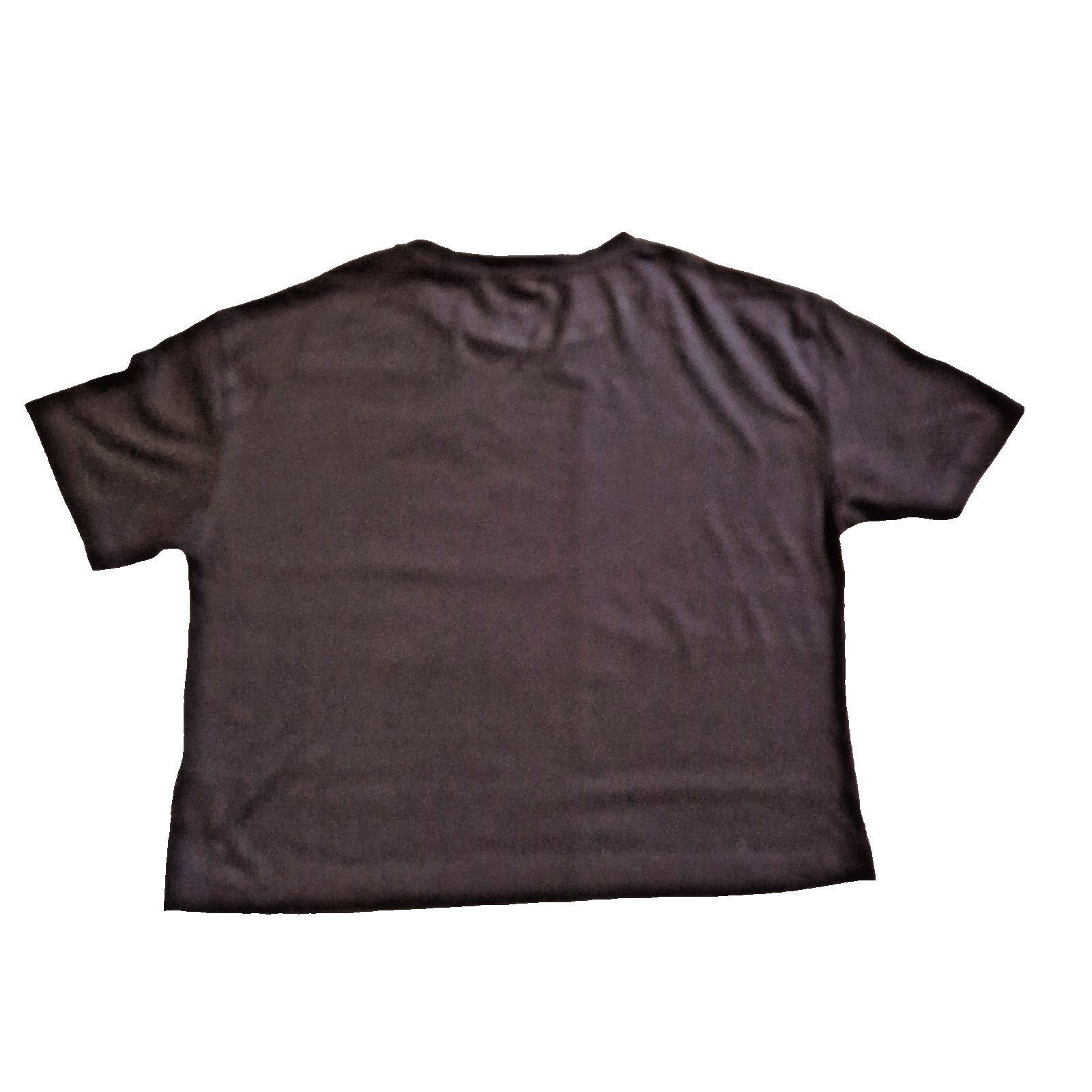 A plain black short-sleeved cotton t-shirt with a round neckline shown from the back.