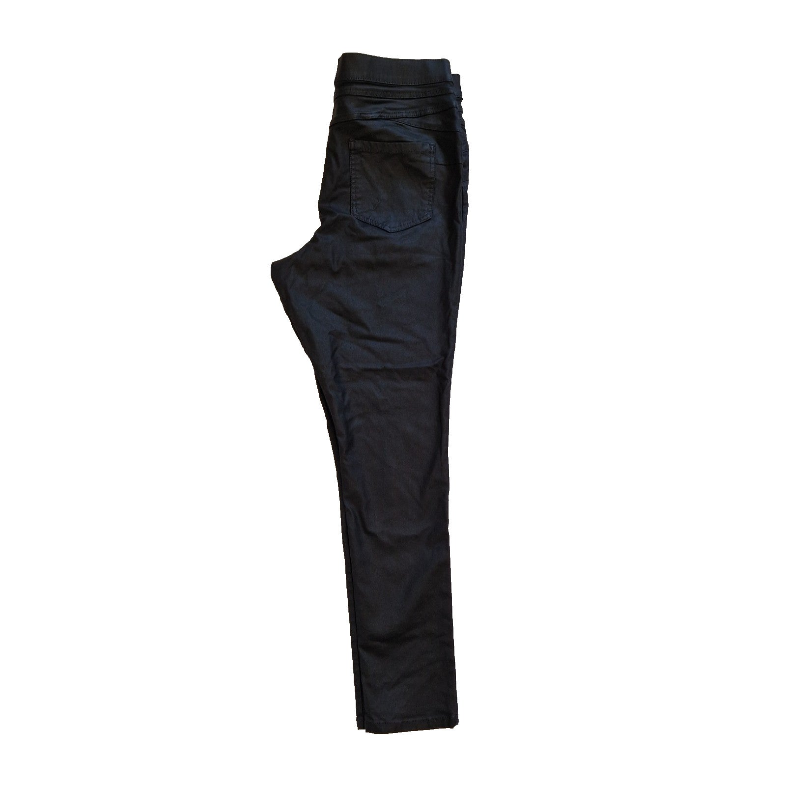Black high-rise straight leg satin trousers with an elastic waistband.