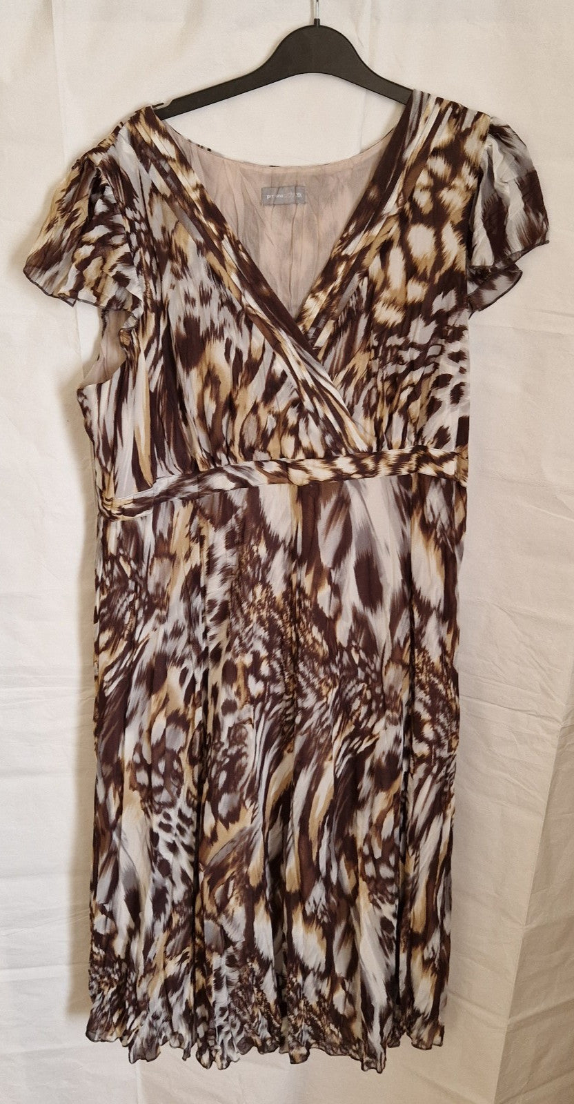Per Una brown and beige animal print chiffon maxi dress with short ruffle sleeves.