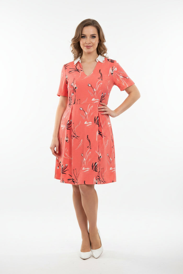 Marks and Spencer pink floral fit and flare dress with a white collar and short sleeves.