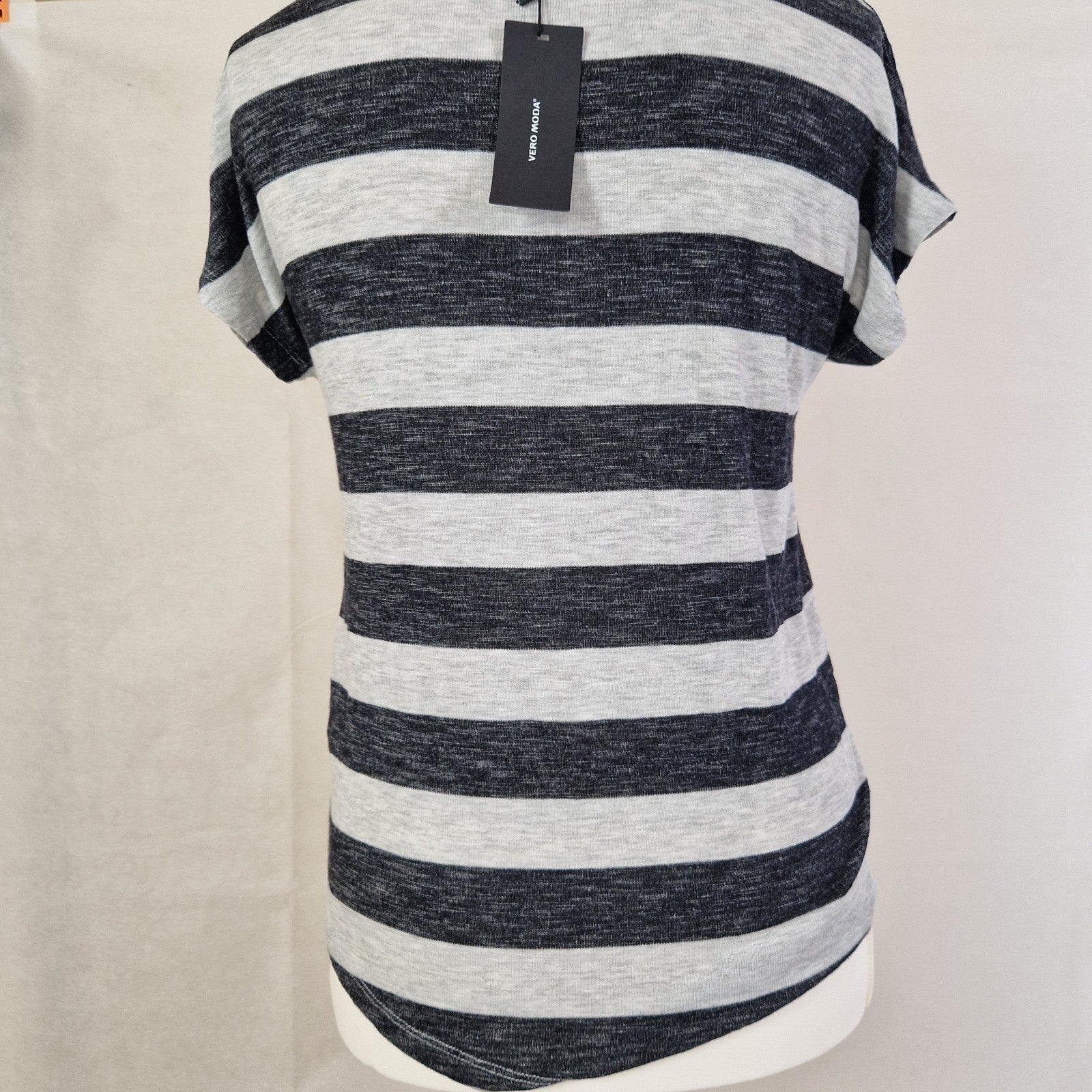 VERO MODA Womens Top Sleeveless Knit Black Grey Striped Pullover Casual UK S