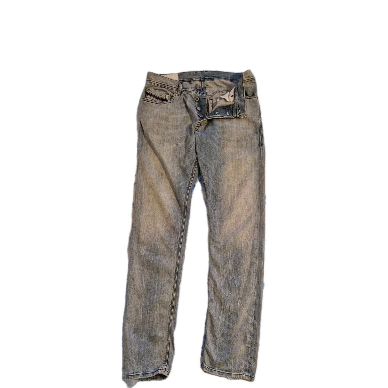 Diesel men's straight fit jeans in a vintage blue wash with a button fly closure.