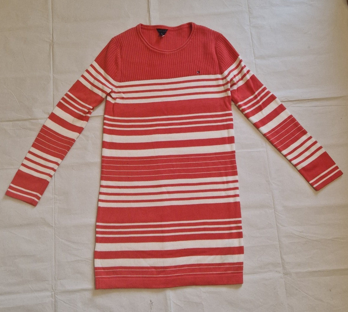 Tommy Hilfiger women's red and white striped knitted jumper dress with a crew neck.