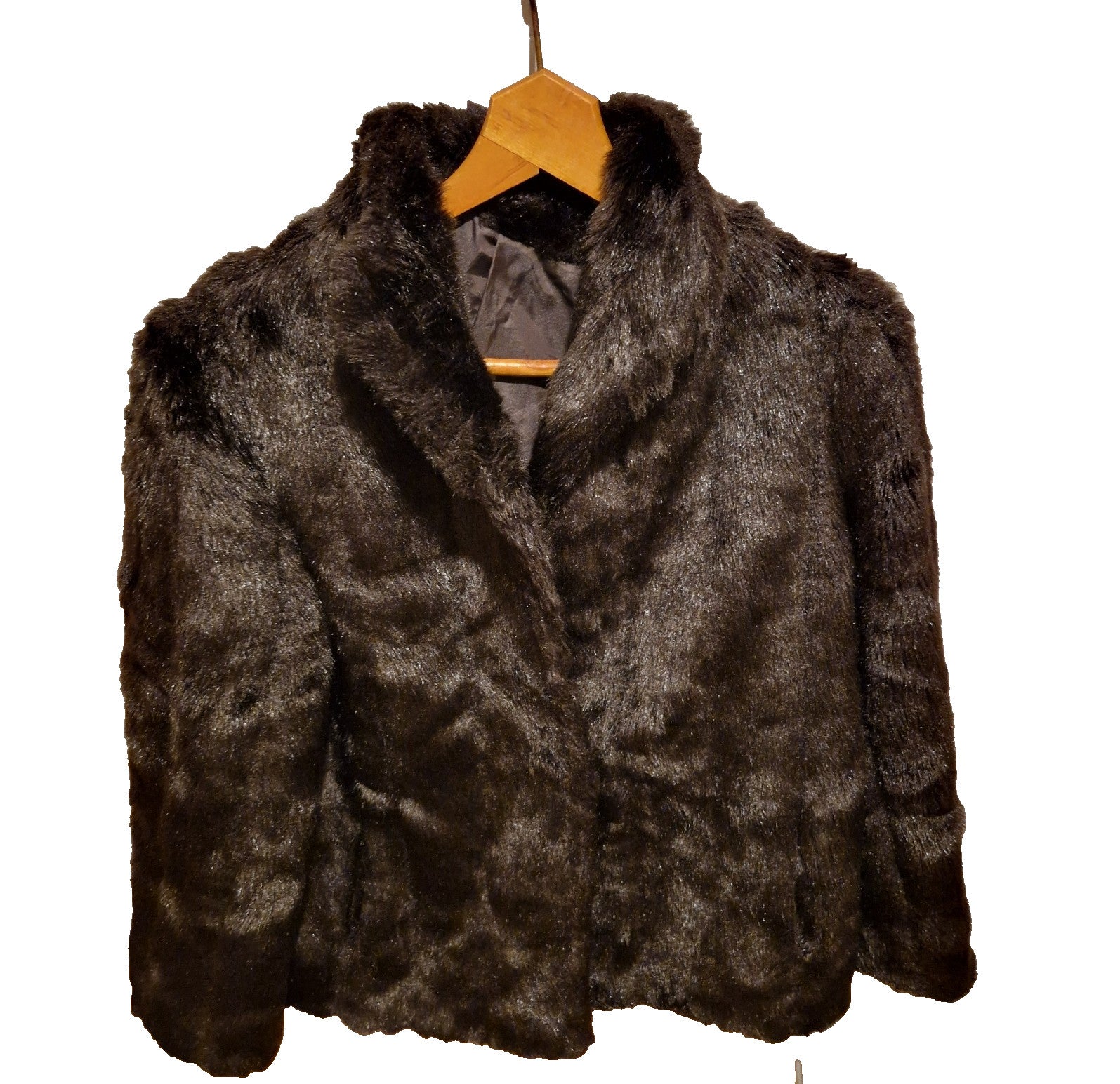 A dark brown Astraka vintage faux fur coat with a classic collar on a wooden hanger.