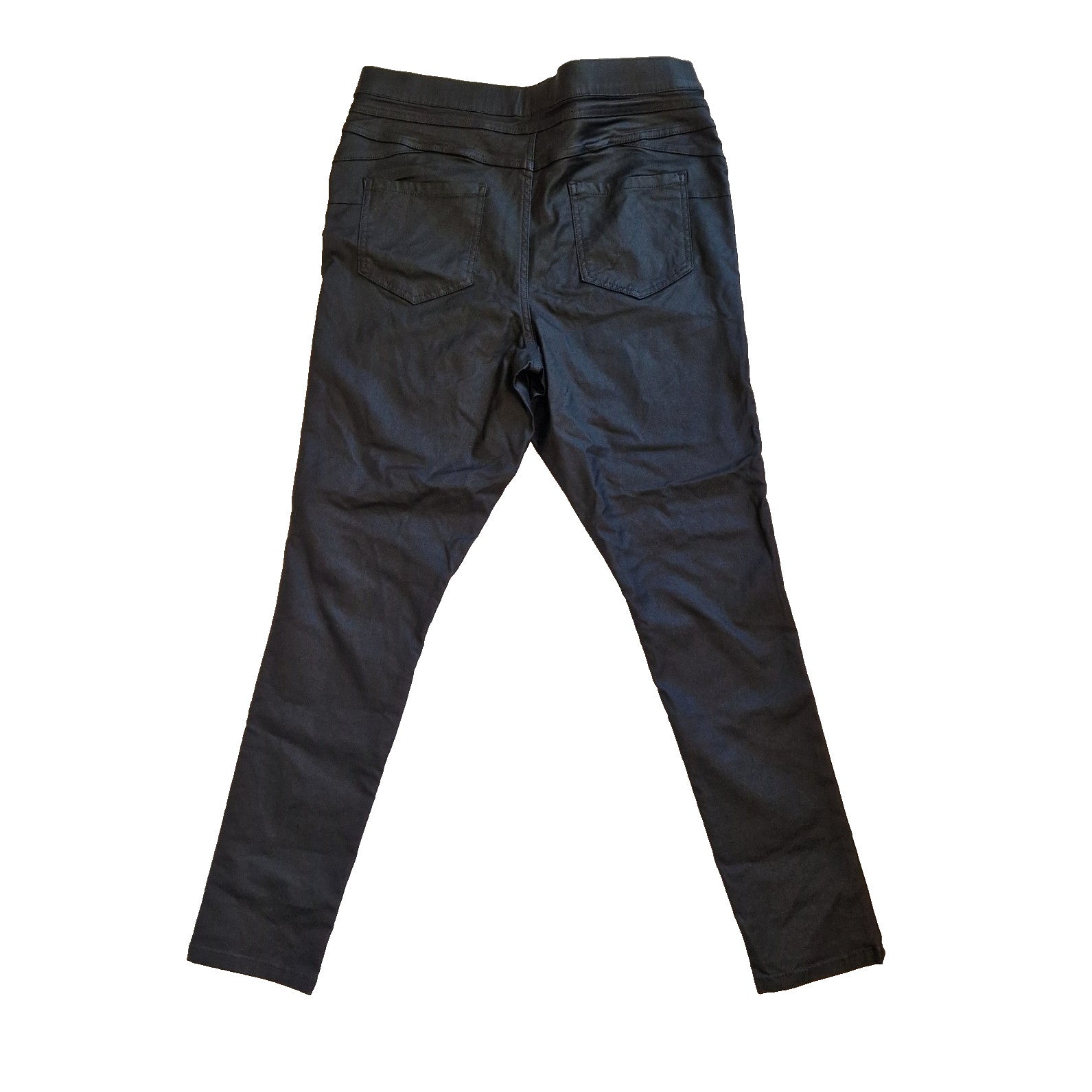 A pair of black high-rise straight leg satin trousers with an elastic waistband.